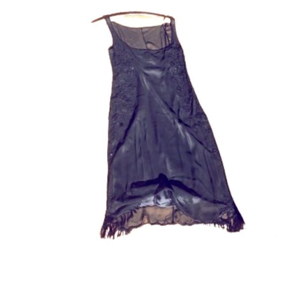 TAHARI Dress sheer sleeveless beaded silk black with grey slip two piece size 2 - Picture 3 of 16